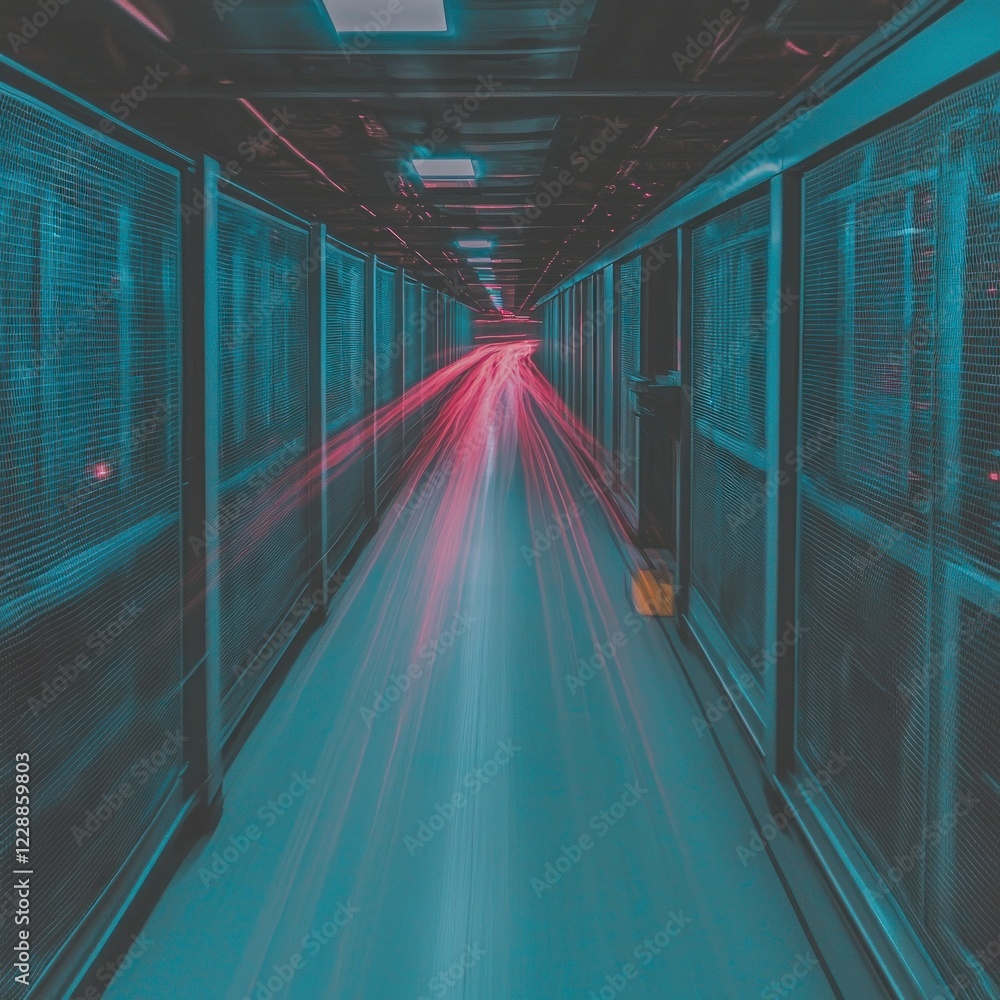 Poster high tech data center corridor with motion blur server room network technology infrast