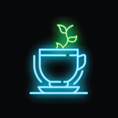 Neon sign of a cup of green tea, with steam forming leaves, perfect for a cafe or restaurant
