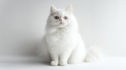 Fototapeta premium Elegant white Persian cat sitting against a white background.