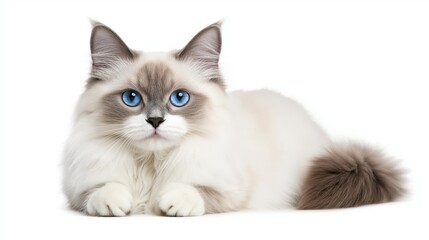Ragdoll cat with blue eyes lying on a white background.