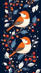 Winter birds on holly branches, snowy background; Christmas card design