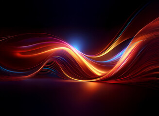 Fototapeta premium Abstract image of vibrant, flowing, luminous waves of red, orange, and blue light on a dark background. The light creates a dynamic, energetic, and almost ethereal effect.