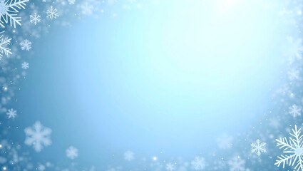 a frosty blue background with intricate, delicate snowflakes scattered across the edges