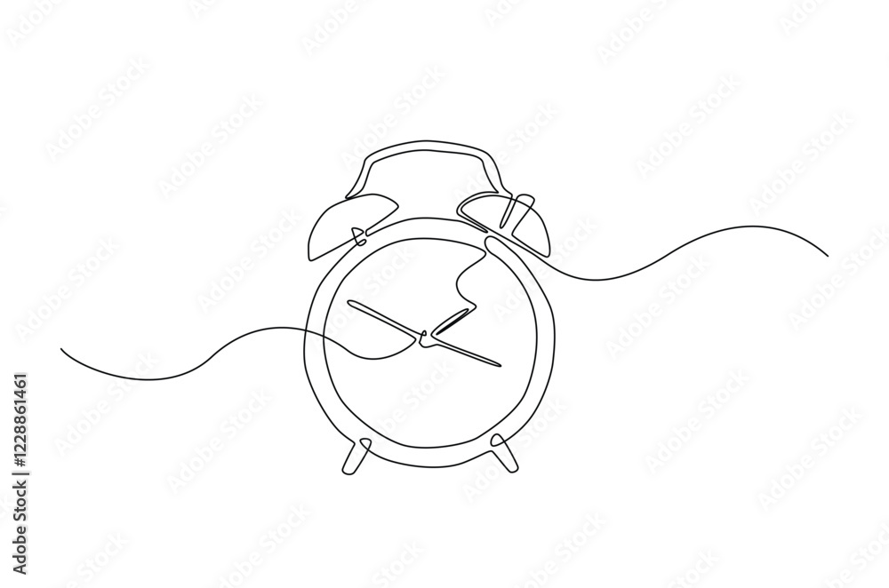 Poster alarm clock in continuous one line drawing. single line art draw of vintage alarm clock. editable ve