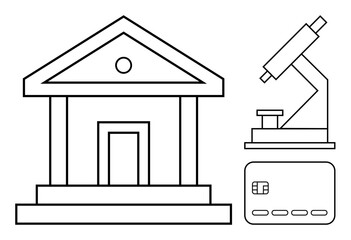 Financial building, microscope, and credit card depicted in simple black line art. Ideal for education, finance, science, technology, research commerce and academic themes. Line metaphor