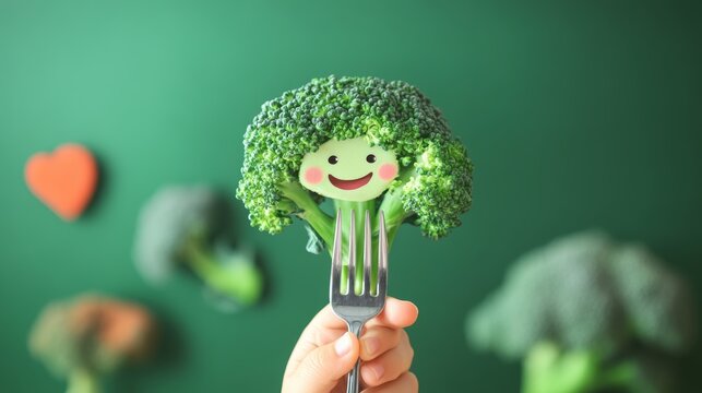 Banner design for kids healthy Eating concept a hand holding Broccoli with funny cheerful smile on Fork isolated on green background background with text massage eat me