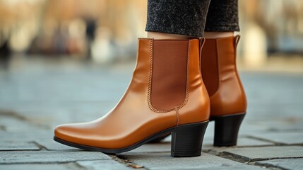 Young woman in comfortable womens genuine leather boots close-up New collection of winter shoes for stylish girls Fashionable womens stylish leather boots