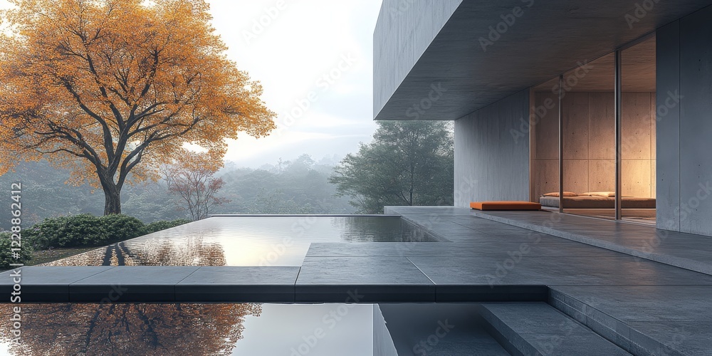 Poster tranquil minimalist architecture with autumn tree and reflection