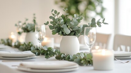 Eucalyptus centerpiece, elegant table setting, candlelight, indoor event