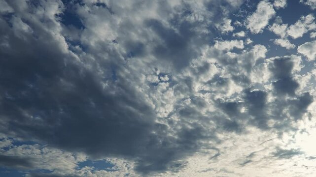 Altocumulus high cumulus heaped cloud genus belongs to stratocumuliform. Globular masses or rolls in layers or patches. Cumuliform stratocumuliform clouds, altocumulus signifies convection. Blue sky.