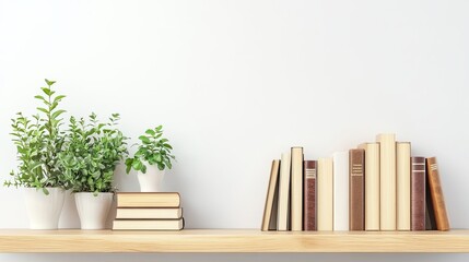 A wooden shelf with three potted plants and a row of books against a white wall.