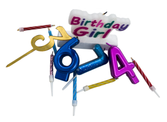 Cake candles for birthday celebration. In the center of the composition there is a large candle with the inscription Birthday Girl in bright multicolored letters. 