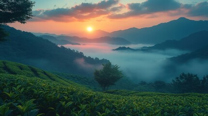 Obraz premium Sunrise over misty mountain tea plantation