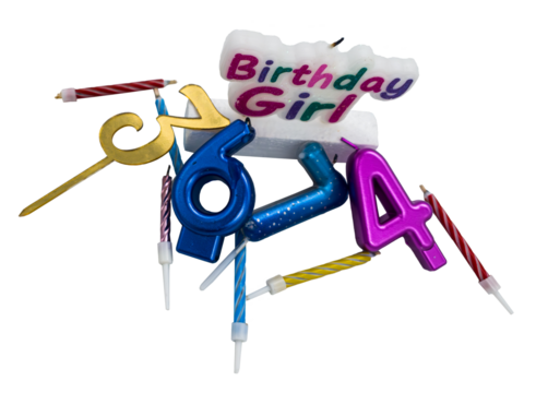 Cake candles for birthday celebration. In the center of the composition there is a large candle with the inscription Birthday Girl in bright multicolored letters. - Powered by Adobe