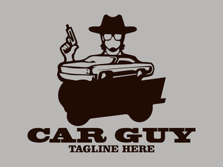 car guy with a classic car roams the streets. true car enthusiast,  This illustration is perfect to use as a logo for a car repair shop, t-shirt design,  any other design element related to automotive