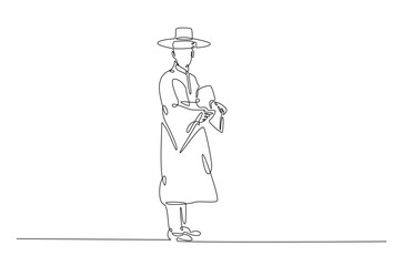Man wearing hanbok with hat or heuklip in continuous one line drawing. Single line art draw of Korean Man wearing traditional cloth . Editable vector.