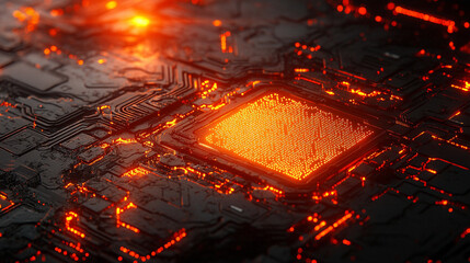 Hi-tech futuristic CPU chip on motherboard with transparent sheath over capacitor, glossy red core, modern technology background, minimalistic, bright tones, blurred space