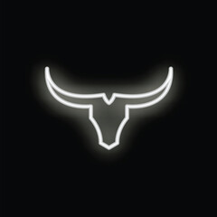 White neon sign is glowing on a black background, taking the shape of a bull skull with large horns