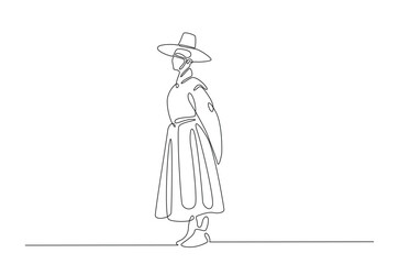 Man wearing hanbok with hat or heuklip in continuous one line drawing. Single line art draw of Korean Man wearing traditional cloth . Editable vector.