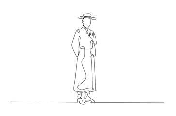 Man wearing hanbok with hat or heuklip in continuous one line drawing. Single line art draw of Korean Man wearing traditional cloth . Editable vector.