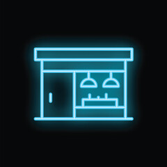 Blue neon sign illustrating a modern kitchen interior design with cabinets, counter, sink, and lighting on a black background