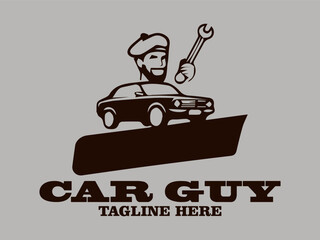 car guy with a classic car roams the streets. true car enthusiast,  This illustration is perfect to use as a logo for a car repair shop, t-shirt design,  any other design element related to automotive
