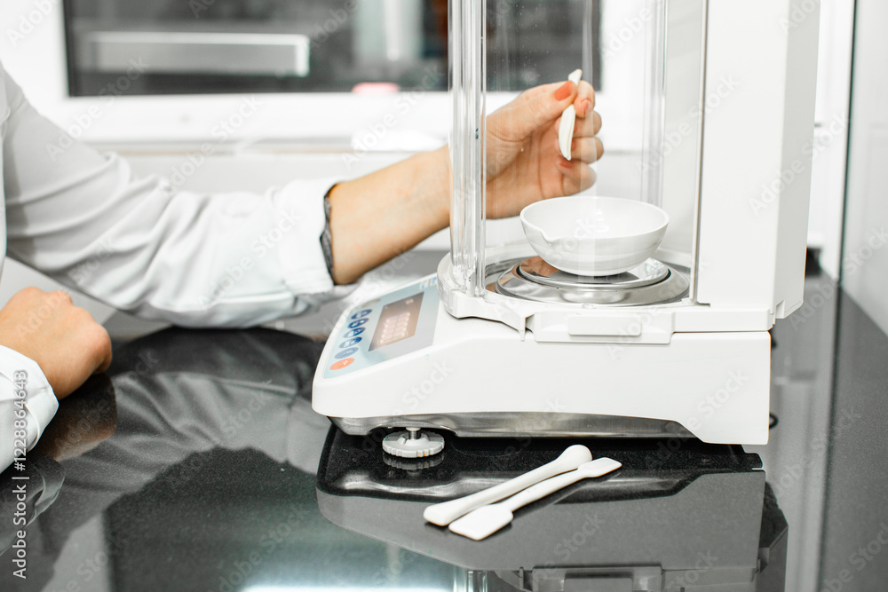 Poster precision weighing technique in a laboratory setting with a digital balance and measuring tools in u