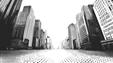 Monochrome Cityscape Sketch Style Street View.