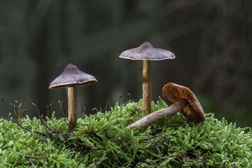 Telamonia (Telamonia), mushroom group in the moss, Baden-Württemberg, Germany, Europe
