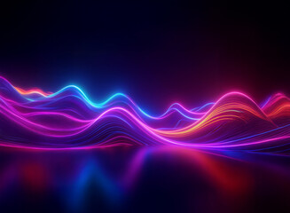 Vibrant neon waves flow across a dark, reflective surface, creating an abstract landscape of luminous colors and flowing lines.  The image evokes a sense of energy and movement.