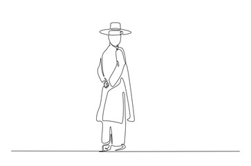 Man wearing hanbok with hat or heuklip in continuous one line drawing. Single line art draw of Korean Man wearing traditional cloth . Editable vector.