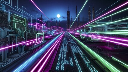 Fototapeta premium Urban, digital landscape in abstract beauty. Conceptual representation of digital transformation with a constant flow of data. AI generated, AI generated, AI generated, AI generated