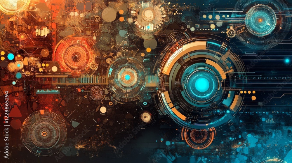 Poster abstract blurred technology background with vibrant defocused lights and futuristic digital elements