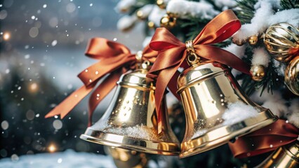 Golden Christmas Bells with Red Ribbon - Cozy Winter Scenes