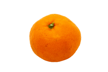 Tangerine is bright orange color without background with textured peel. A green tail is visible in the center of the upper part of the fruit.