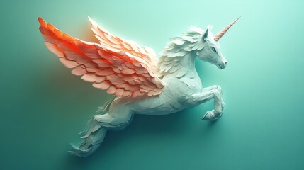 Fototapeta premium Aligon, a majestic winged unicorn, leaps gracefully against a teal backdrop.