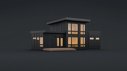 Image of a modern, minimalist house with neutral cream-brown tones, standing isolated against a dark backdrop.