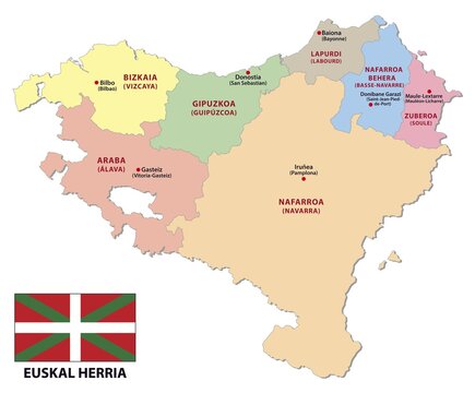 Administrative of the french and spanish part of the basque country with flag