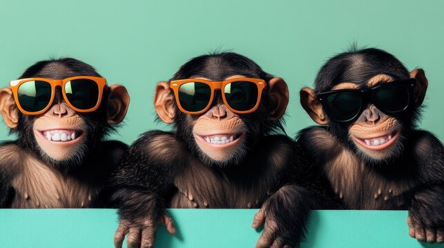 Three chimps in sunglasses, holding sign, teal background, fun