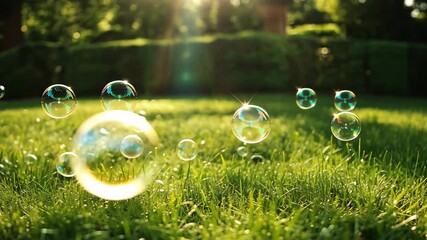 Bubbles floating in a sunlit garden create a serene and magical outdoor atmosphere
