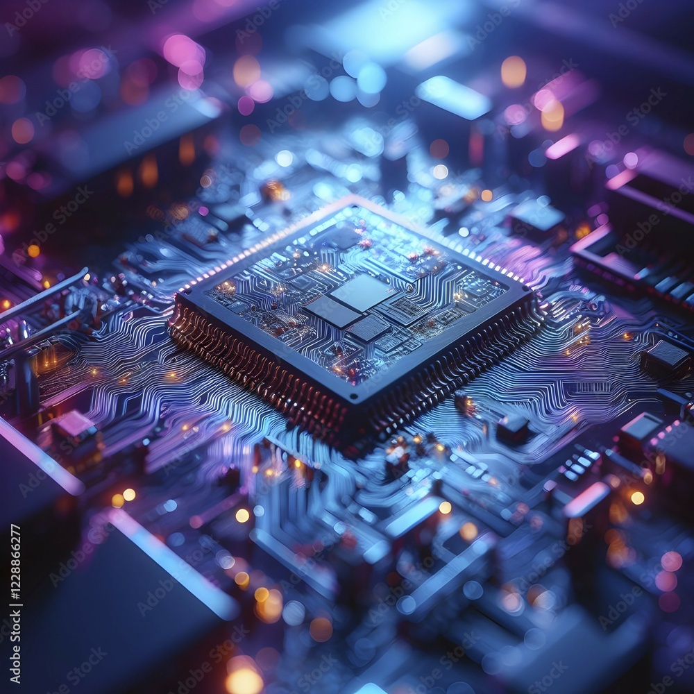 Poster illustration of a ai microchip processor with circuit board and other electronic components. ai gene