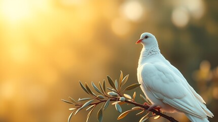 Fototapeta premium Symbols of love in different cultures, peace and love, White dove symbolizing peace sitting on a branch during golden hour 