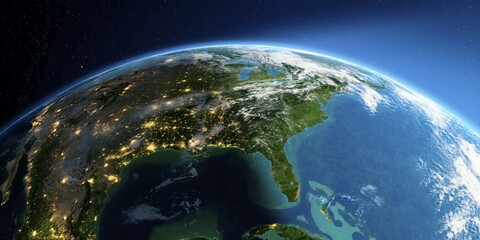 Highly detailed Earth with atmosphere, exaggerated relief and light-flooded cities. Transition from night to day. North America. Gulf of Mexico and Florida. 3D rendering. Elements of this image furnished by NASA