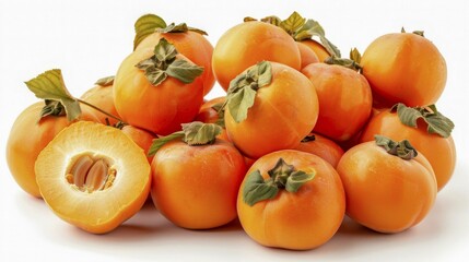 Cluster of ripe persimmons with one sliced open, displaying seeds and contrasting skin and flesh texture, AI generated