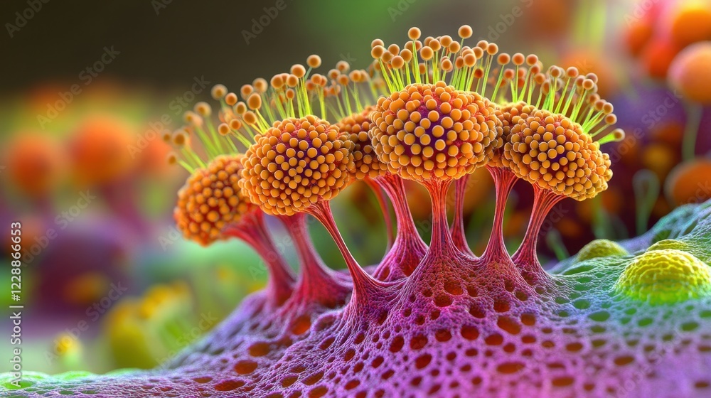 Poster intricate 3d rendering of virus spikes, surrounded by a simulated cell-like environment.