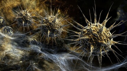 Intricate 3D rendering of virus spikes, surrounded by a simulated cell-like environment.