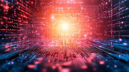 Hi-tech futuristic CPU chip on motherboard with transparent sheath over capacitor, glossy red core, modern technology background, minimalistic, bright tones, blurred space