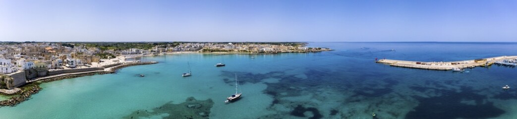 Aerial view, city view with harbour entrance, Otanto, Lecce province, Salento peninsula, Apulia,...