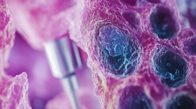 Microscopic view of cells with a surgical tool.