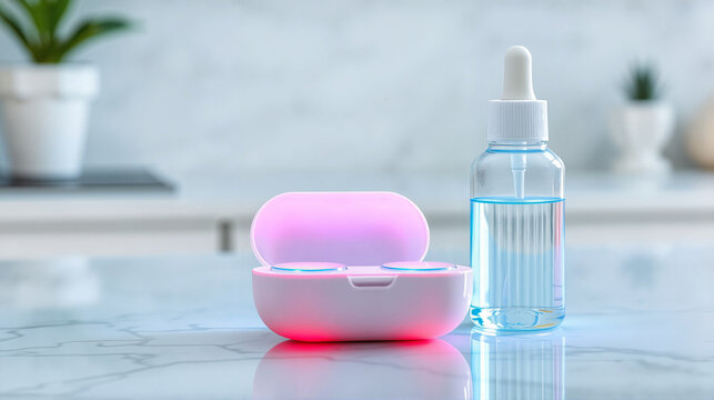 Contact lens case, open contact lens case, Contact lens case with lenses and a bottle of solution on a marble countertop
